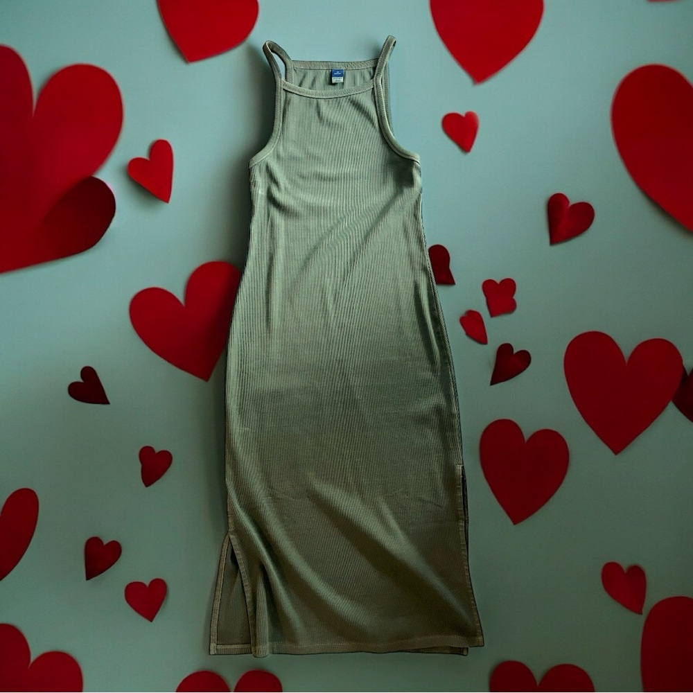 Olive green ribbed knit midi dress split hem sleeveless Medium petite